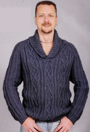 Мужской пуловер с шалевым воротником, вязаный спицами