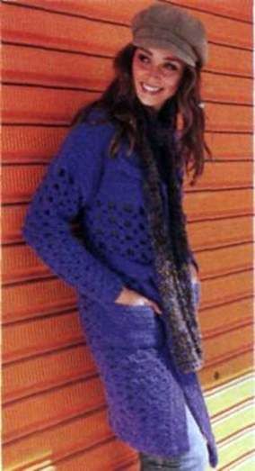  Вязаное лиловое пальто и меланжевый шарф размеры: 36 40